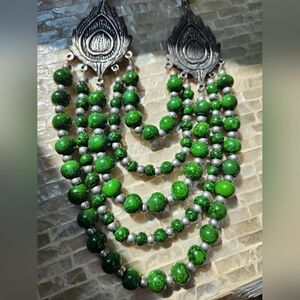 Green Beaded Necklace with Silvertone Feather Accents